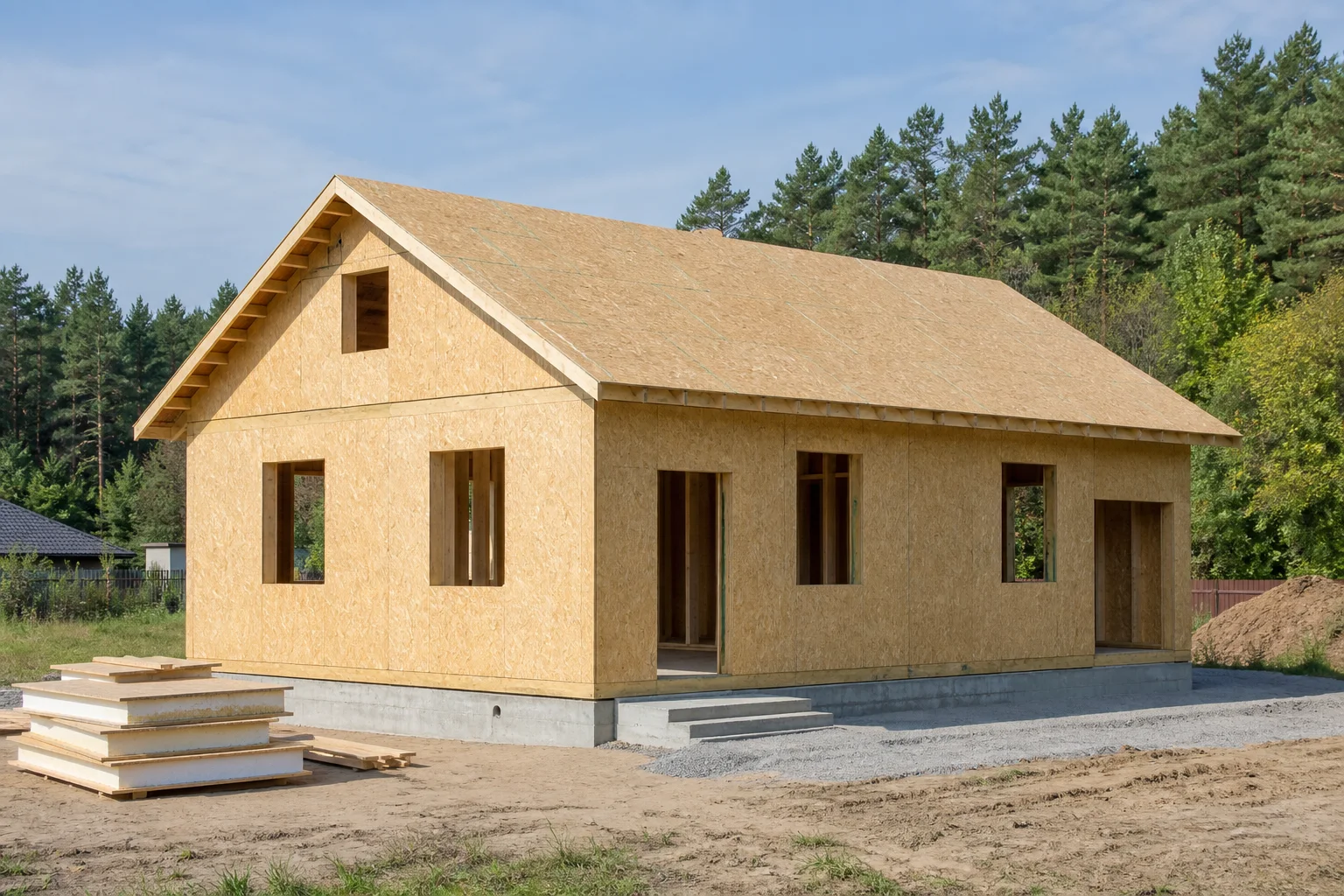 Собранная коробка дома из СИП-панелей без окон и отделки